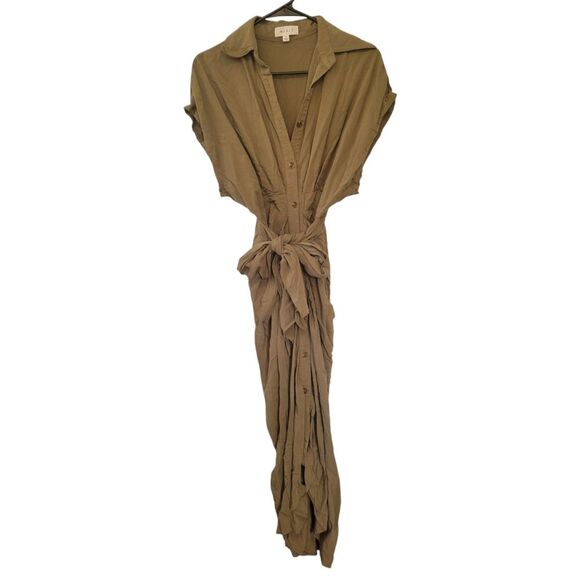 Mable Olive Green Button Up Midi Dress Size Small Tie Front - Picture 1 of 9